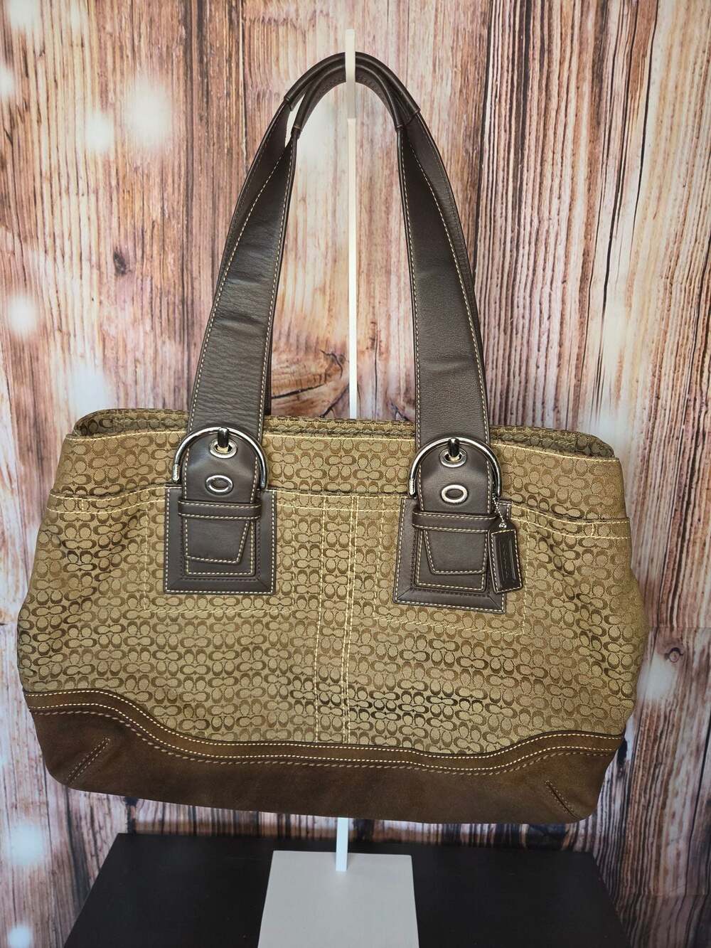 Coach Soho Mini Signature Jacquard Tote Bag in Brown with Suede Trim F10928